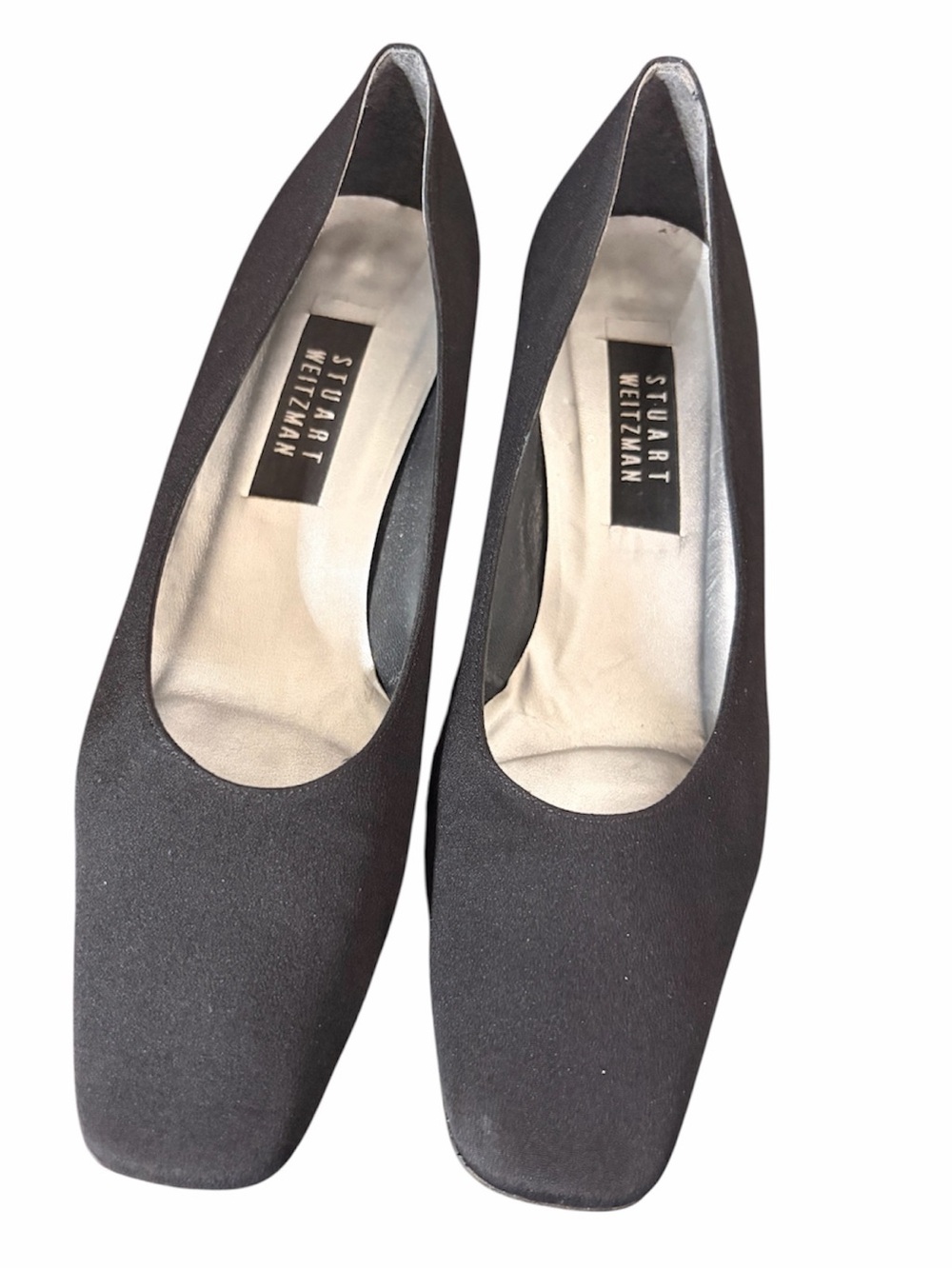 Stuart Weitzman Black Square-Toe Satin Pumps